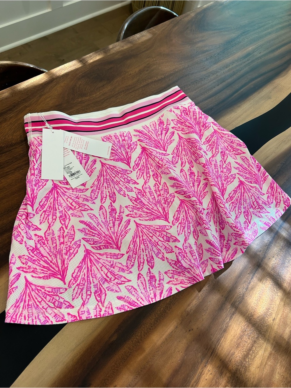Lilly Pulitzer Pink Leaf-Print Skater Skirt with Striped Waistband